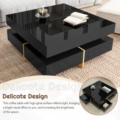 High Gloss Coffee Table with 4 Drawers, Multi Storage, Wood Grain Legs