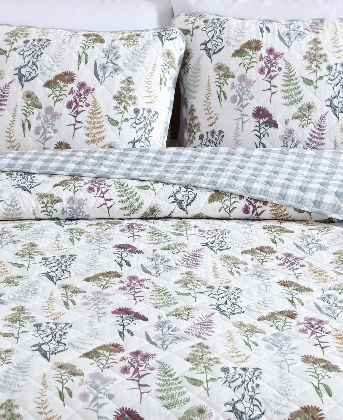 Eddie Bauer Flower Field Reversible 3 Piece Quilt Set, Full/queen In White,grey,green