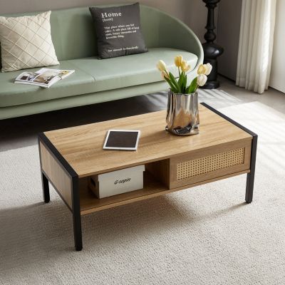 Modern Rattan Coffee Table with Sliding Door Storage