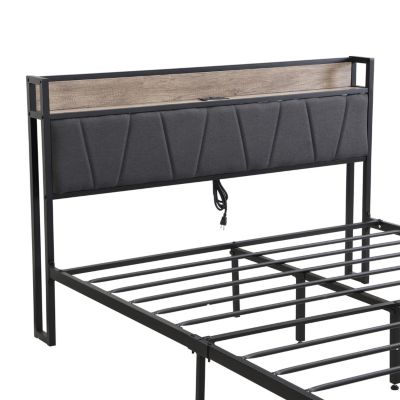 Queen Size Metal Platform Bed Frame with Storage and USB Headboard