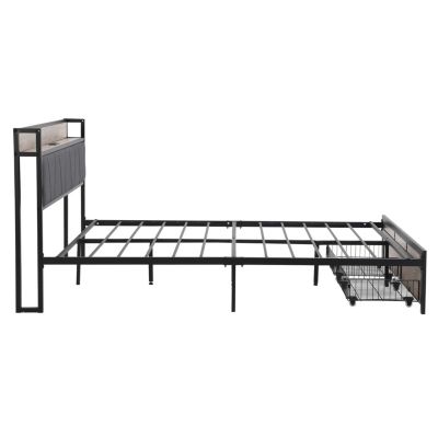 Queen Size Metal Platform Bed Frame with Storage and USB Headboard