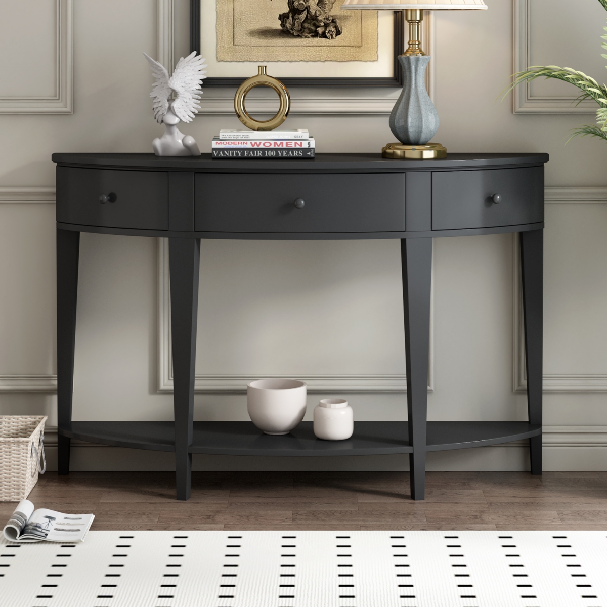 Simplie Fun Modern Curved Console Table Sofa Table With 3 Drawers And 1 Shelf For Hallway, Entryway, Living Room