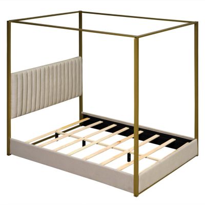 Streamdale Beige Queen Canopy Bed with Headboard and Frame