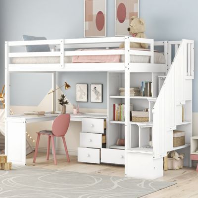 Twin Loft Bed with Desk, Storage, and Staircase