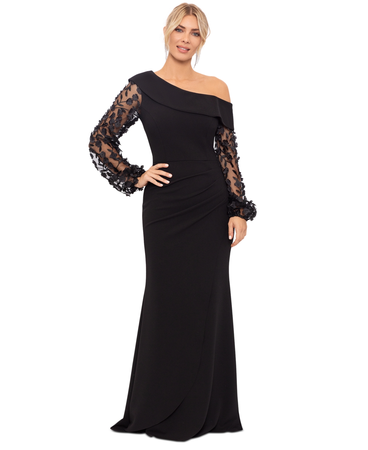 XSCAPE PETITE OFF-THE-SHOULDER FLORAL-SLEEVE GOWN 