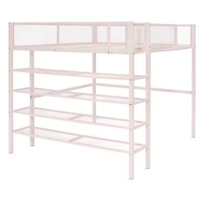 Full Size Metal Loft Bed With 4-Tier Shelves And Storage