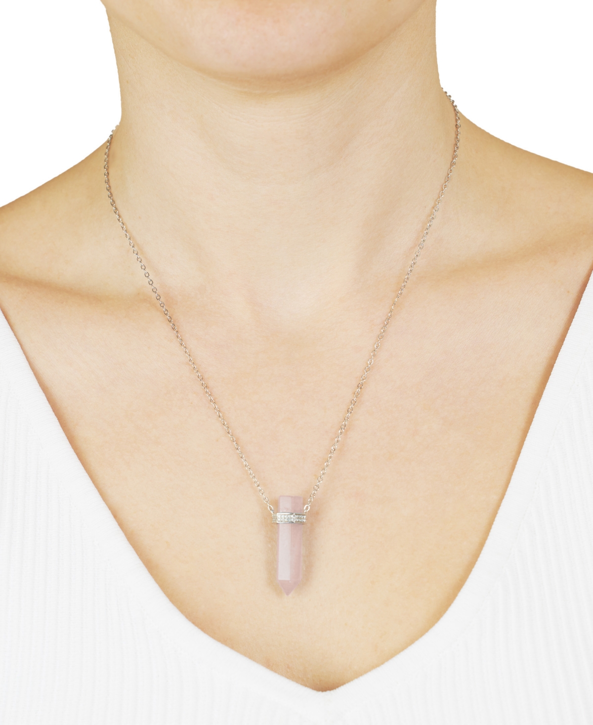 MACY'S STONE QUARTZ POINTED HEXAGON PENDANT NECKLACE 14K GOLD PLATED OR SILVER PLATED 