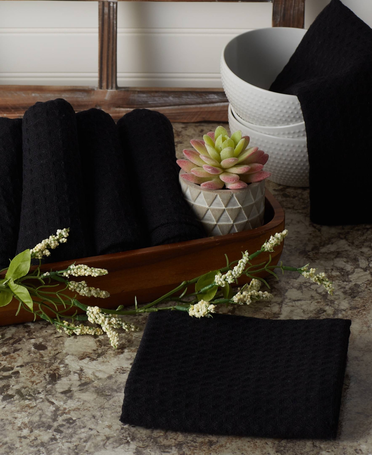 Design Imports Cotton Kitchen Collection Dishtowel Set, 18x26", Black, 6 Piece In Black