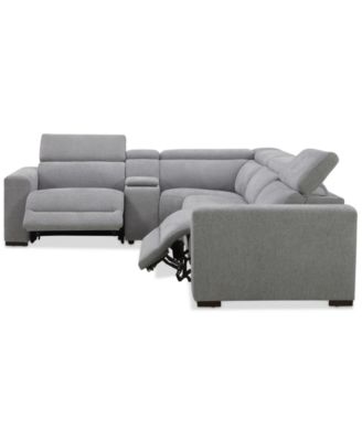 Nevio 5-Pc. Fabric Power Headrest L-Shape Sectional and Console with 2 Power Motion Chairs