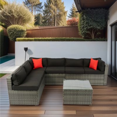 Streamdale 5-Piece PE Rattan U Sofa Set with Black Cushion