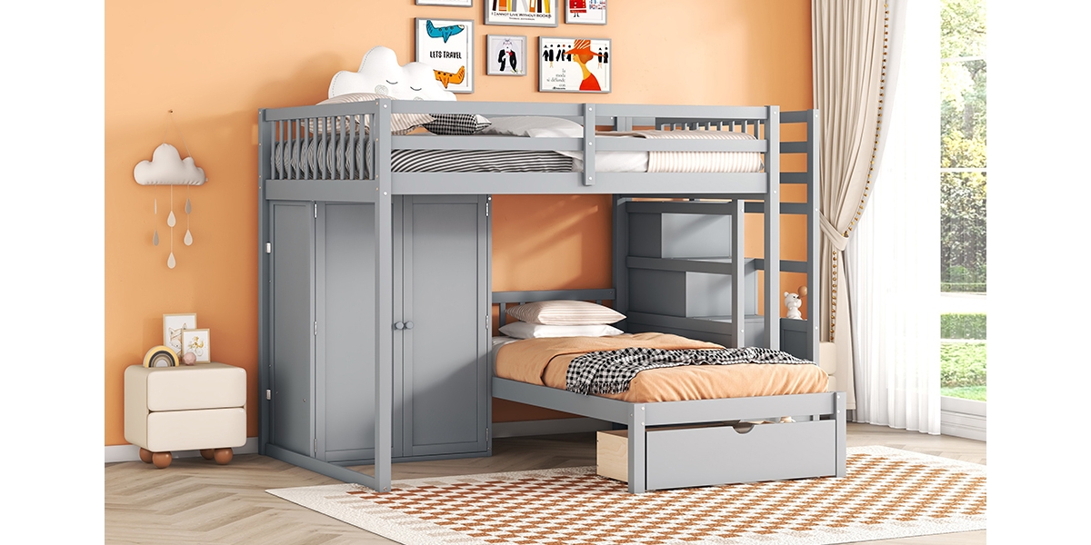 Simplie Fun Full Over Twin Bunk Bed With Wardrobe, Drawers, White