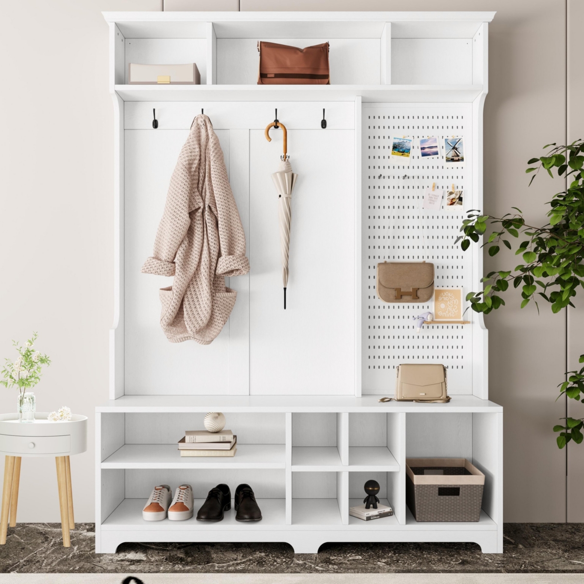 White Hall Tree with Shoe Bench and Coat Rack - White
