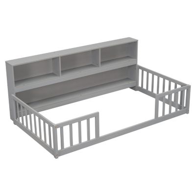 Twin Floor Bed With Bedside Bookcase, Shelves, Guardrails, Grey