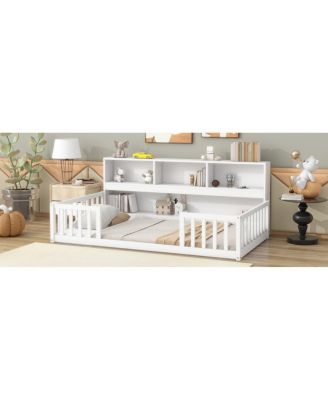 Twin Floor Bed With Bedside Bookcase, Shelves, Guardrails
