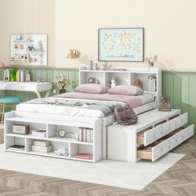 Streamdale White Full Bed with Headboard Bookcase, Drawers & End Storage