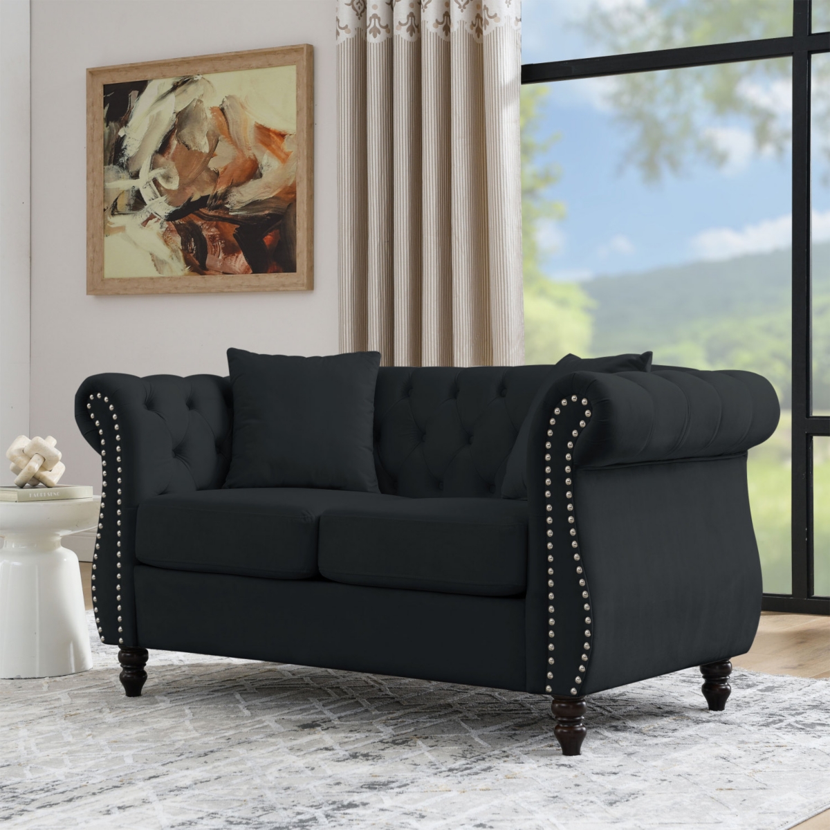 Streamdale Furniture Black Velvet Chesterfield Sofa with Rolled Arms & Nailhead Trim, 2-Seater, 2 Pillows