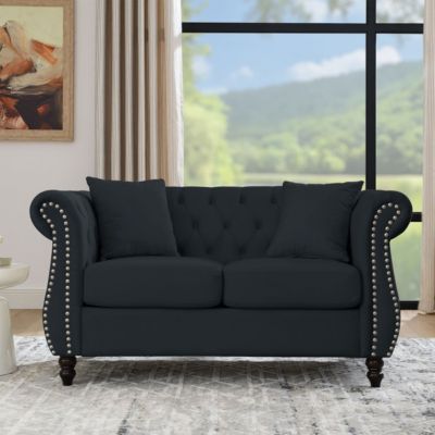 2-Seater Black Velvet Chesterfield Sofa with Trim & Pillows