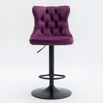 Swivel Velvet Barstools, Adjustable Height, Purple (Set of 2