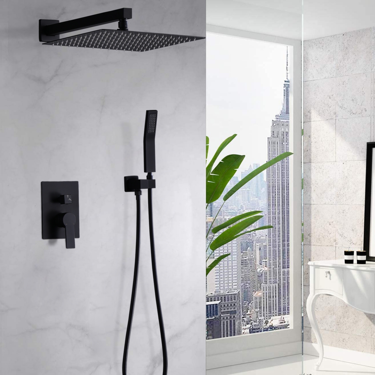 12 Inch Bathroom Rain Shower Combo Set With Hand Shower - Matte black