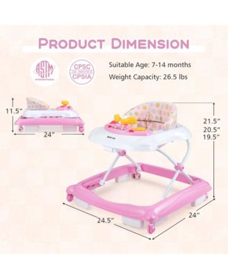Foldable Baby Walker with 3 Adjustable Heights Comfy Padded Seat Music Tray