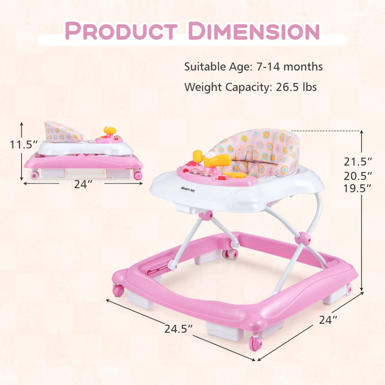 Foldable Baby Walker with 3 Adjustable Heights Comfy Padded Seat