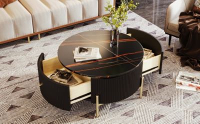 31.5" Round MDF Marble Pattern Storage Coffee Table