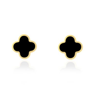 Large Onyx Clover Stud Earrings 14K Yellow Gold