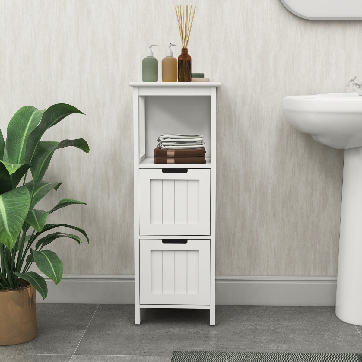 White freestanding bathroom storage cabinet
