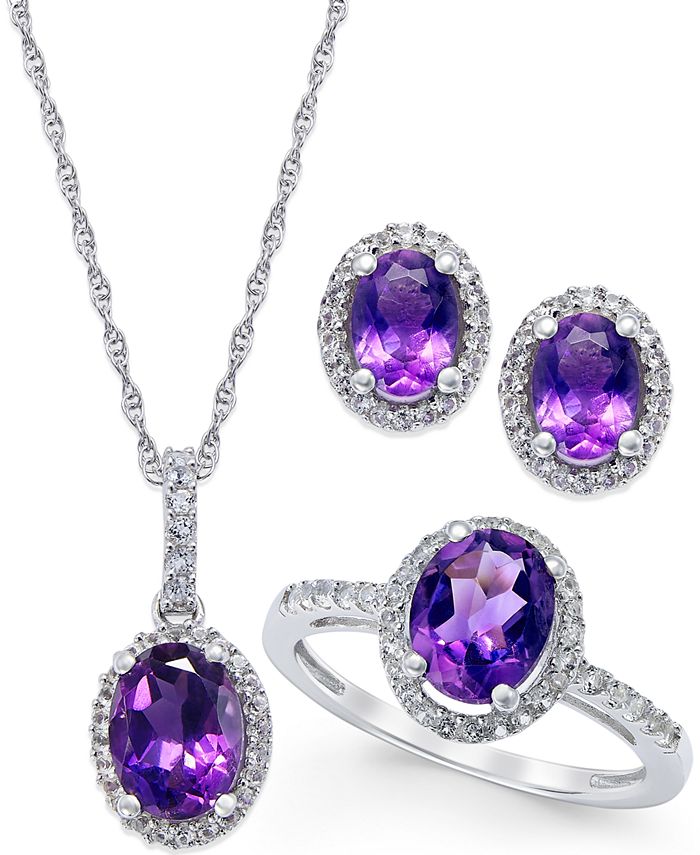 Macy's Amethyst and White Topaz Earring, Ring, and Pendant Set in ...