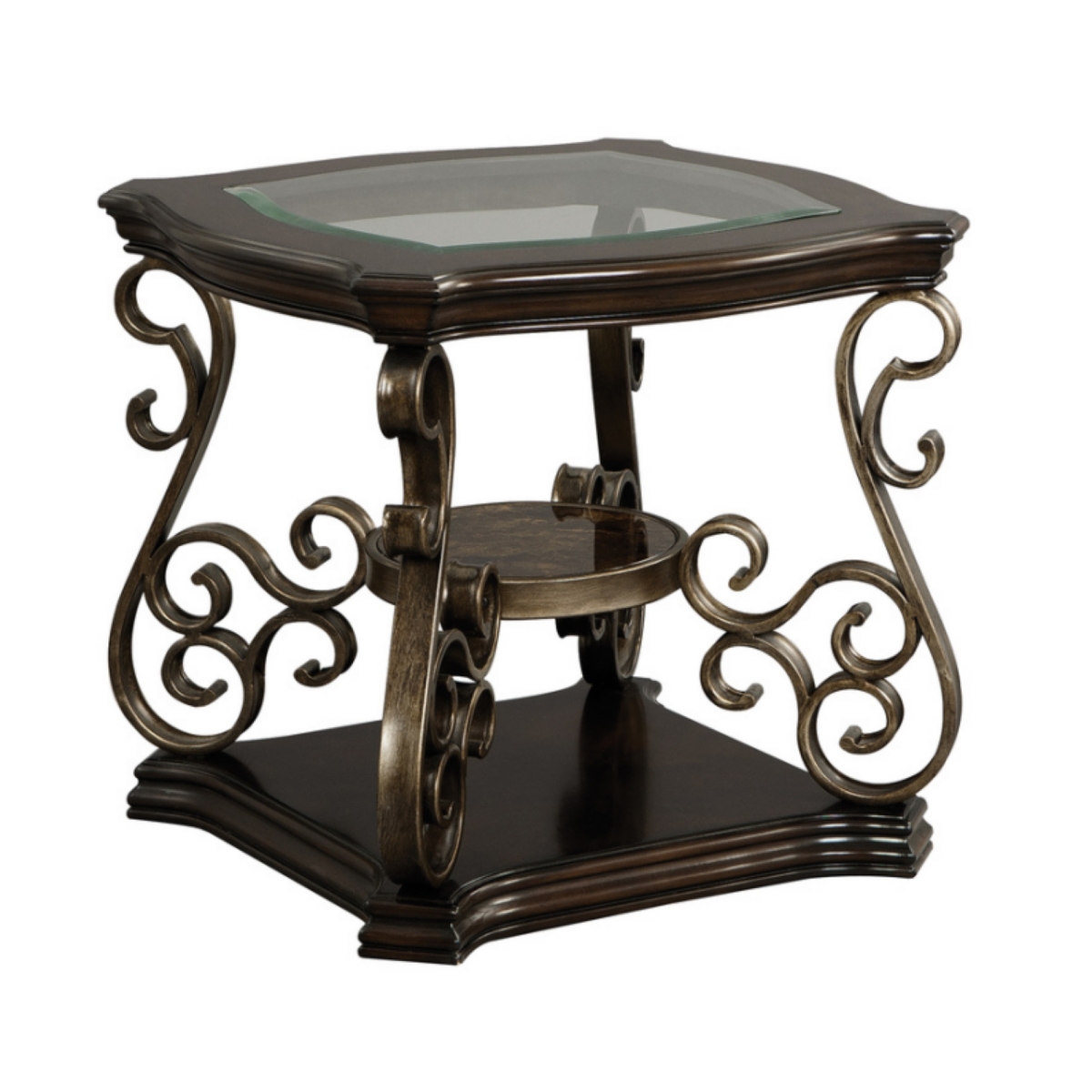 Streamdale Glass Top End Table with Marble Shelf and Metal Legs