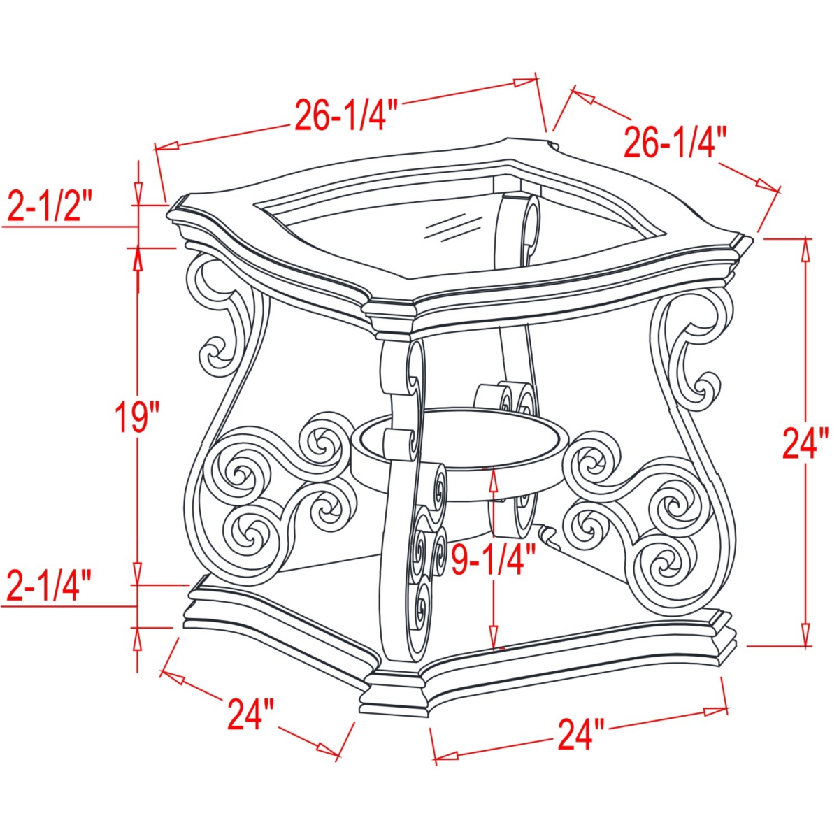 Streamdale Furniture End Table, Glass Table Top, Mdf with Marble Paper Middle Shelf, Powder Coat Finish Metal Legs