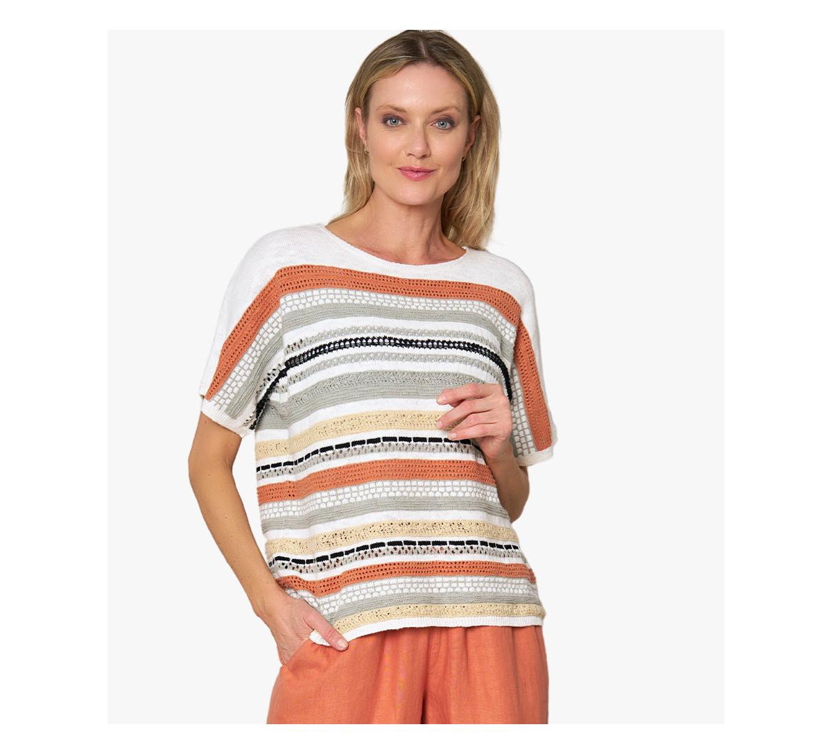 Women's Short Sleeve Sweater Simply Striking Pullover - Multi stripe