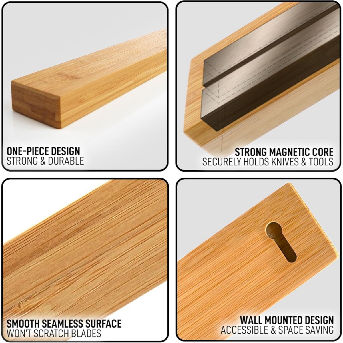 Seamless Bamboo Wood Magnetic Knife Holder - Wooden Strip for Organizing your Kitchen