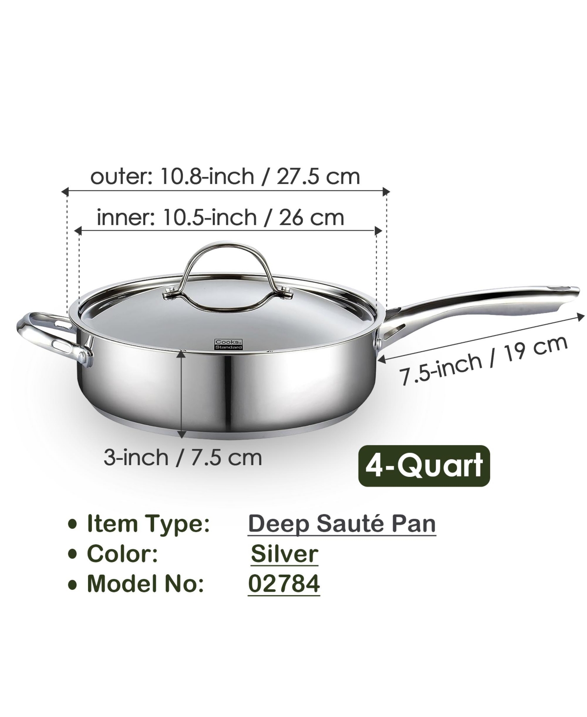 Cooks Standard 4-Quart Stainless Steel Saute Pan with Lid, Deep Frying Pan Induction Cookware, Oven Safe Large Skillet Jumbo Cooker with Sta