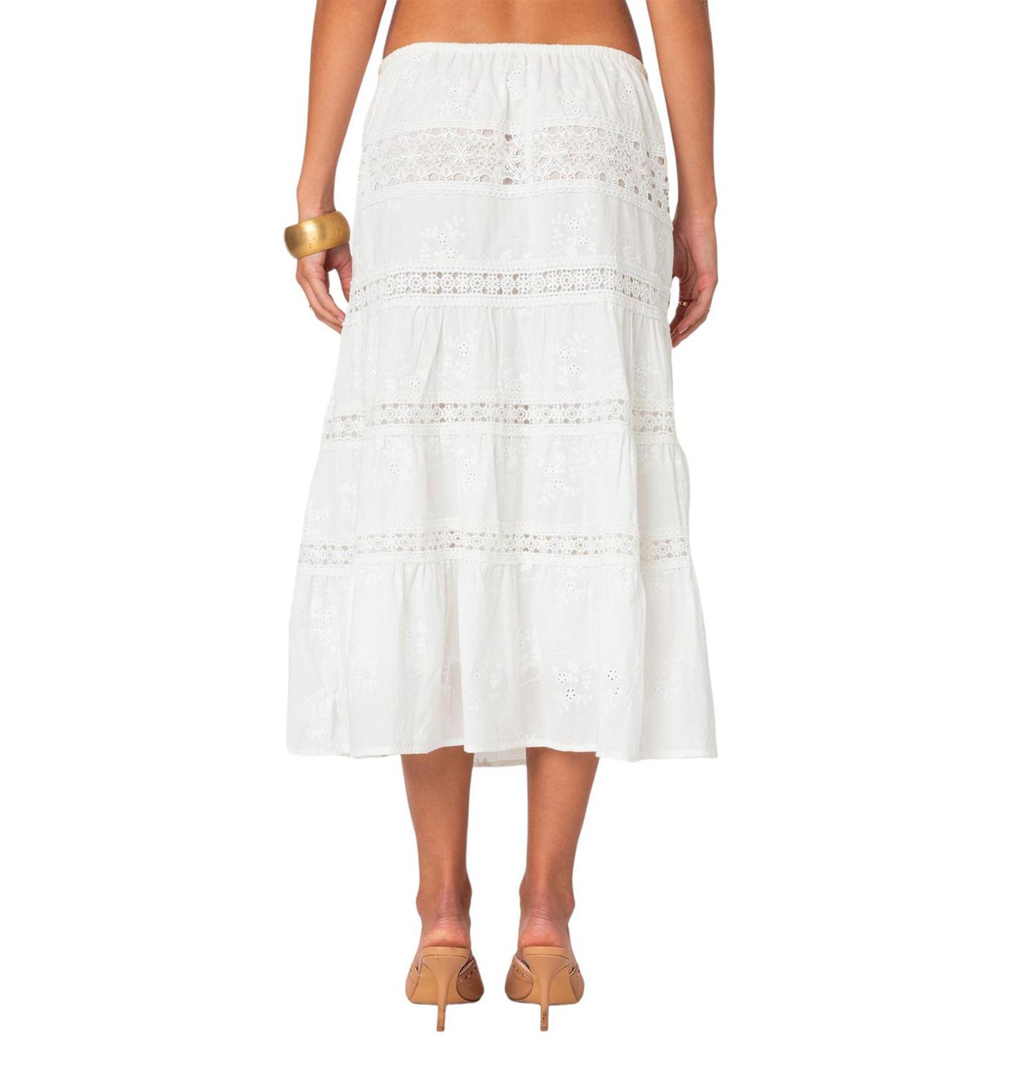 Женская юбка Edikted Tiered Cotton Lace Midi, цвет: Белый — фото 5