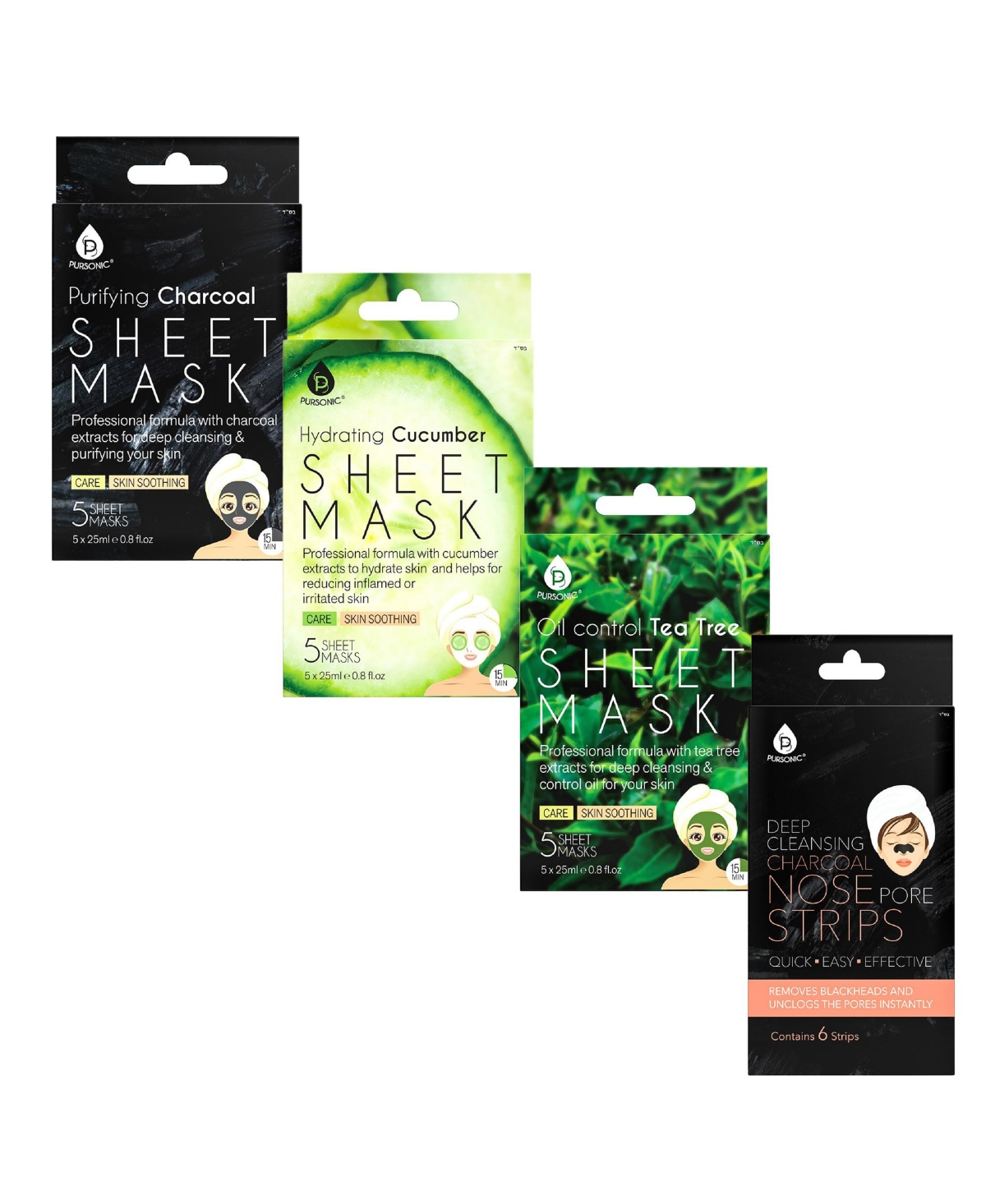 Pursonic Complete Skincare Essentials: Charcoal, Tea Tree, Cucumber Sheet Masks & Cleansing Pore Strips - Black and Green