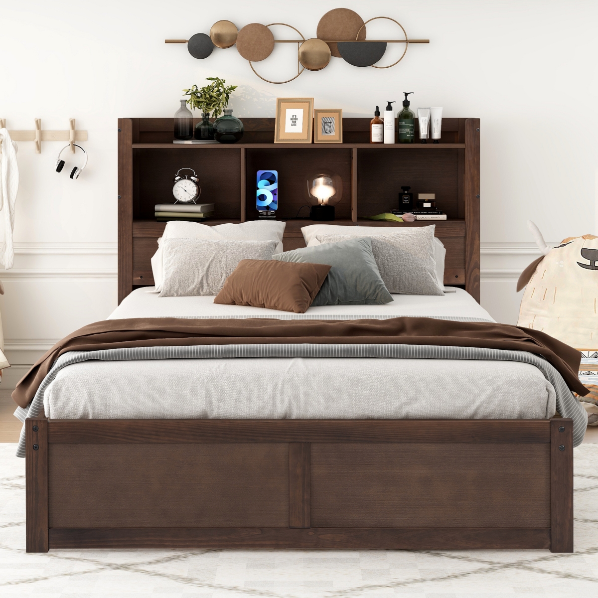 Full Storage Platform Bed With Pull Out Shelves, Twin Trundle And 2 Drawers
