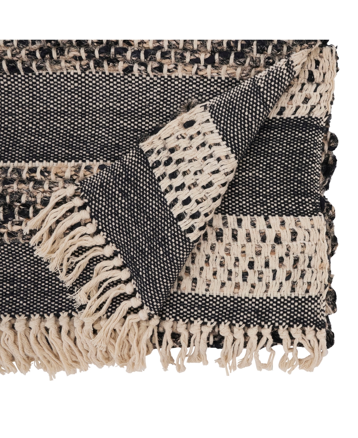 Saro Lifestyle Tassel Trimmed Stripes Table Runner, 16"x72" In Black,natural