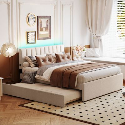 Teddy Fleece Queen Size Upholstered Platform Bed With Trundle
