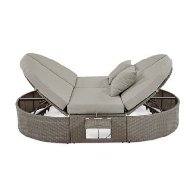 Gray Rattan Outdoor Daybed with Cushions and Cup Trays