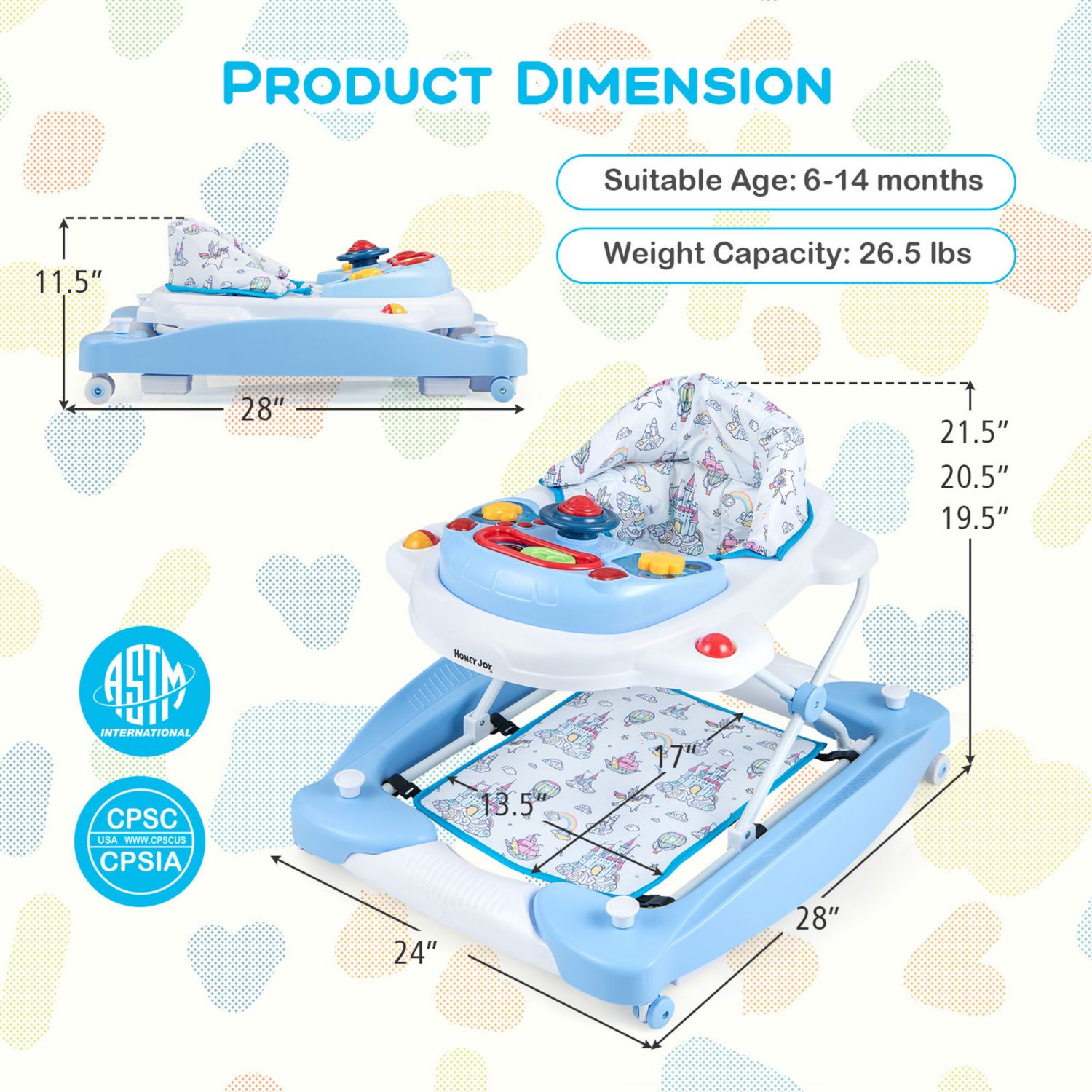6 in 1 Baby Walker Adjustable Toddler Activity Center with Music Tray