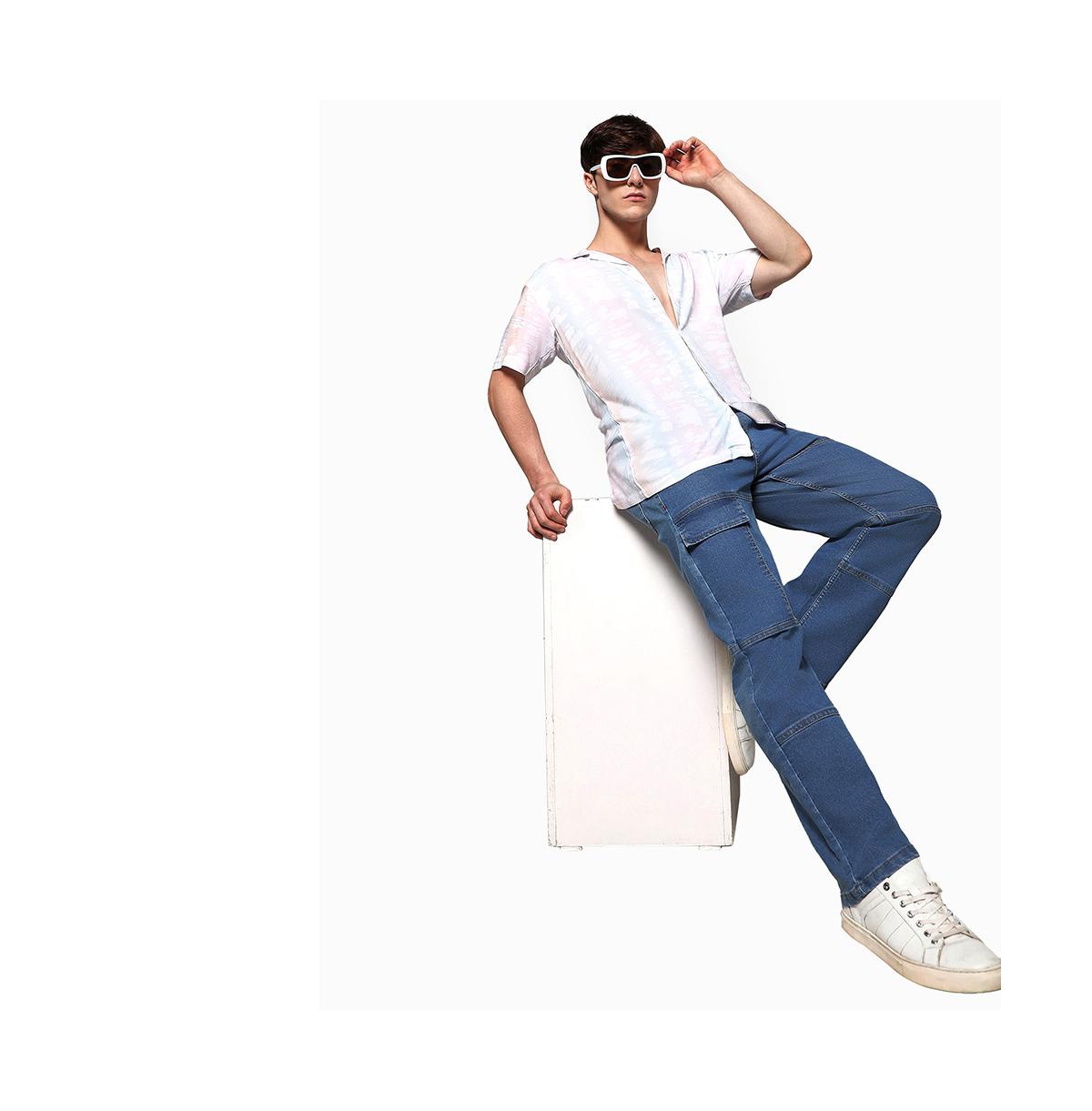 Campus Sutra Men's EcoLiva Baby Pink & Powder Blue Pastel Vertical Ombre Shirt -pastel pink