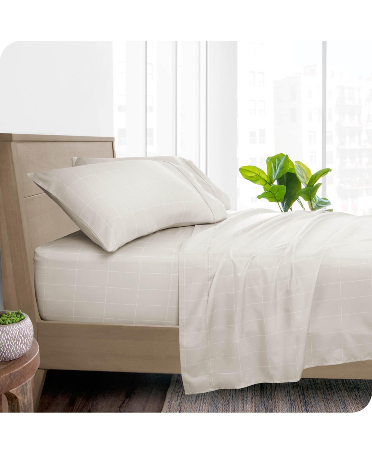 Bare Home Ultra-Soft Double Brushed Print Sheet Set - Grid x2013; stone/white