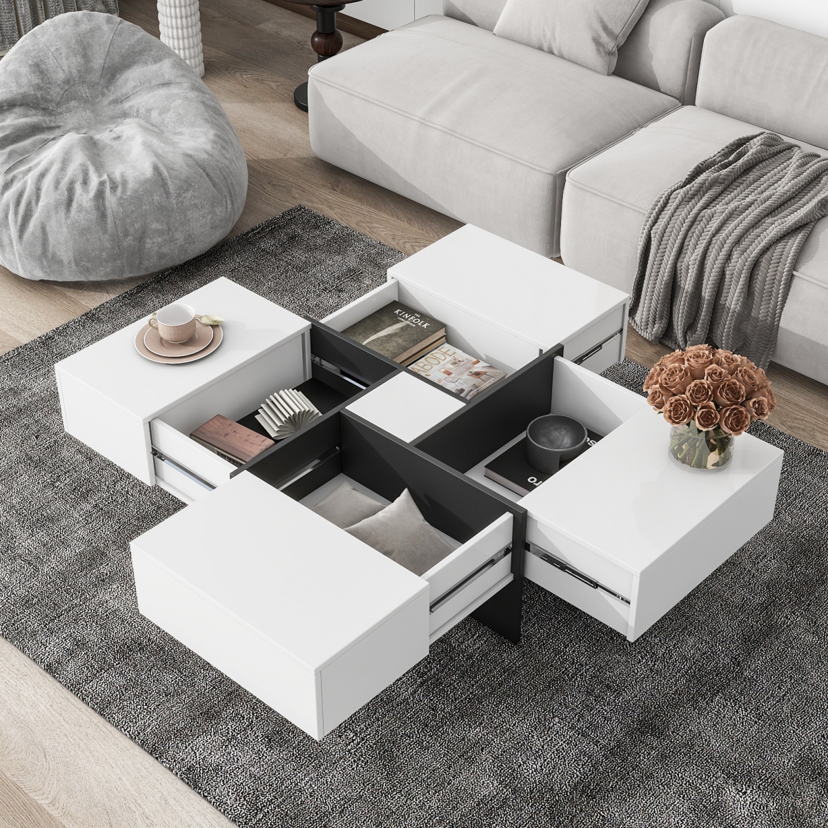 Streamdale Furniture Modern Square Coffee Table with Hidden Storage and Extendable Tabletop