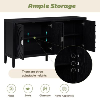 60" Rubber Wood, Acacia & MDF Retro Grooves, Metal Handles, Adjustable Shelves Sideboard Cabinet