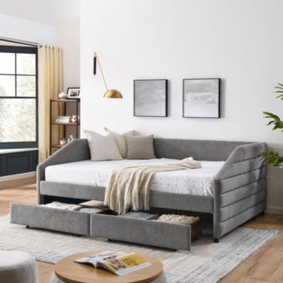 Queen Size Upholstered Daybed with Trundle, Grey