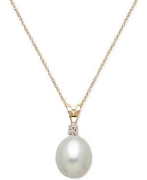 image of Cultured Freshwater Pearl (8mm) and Diamond Accent Pendant Necklace in 14k Gold