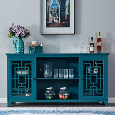  Teal Sideboard Buffet Table with 2 Doors, Adjustable Shelves