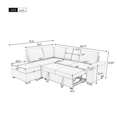 L-Shaped Sleeper Sofa with Storage Ottoman & USB Charge