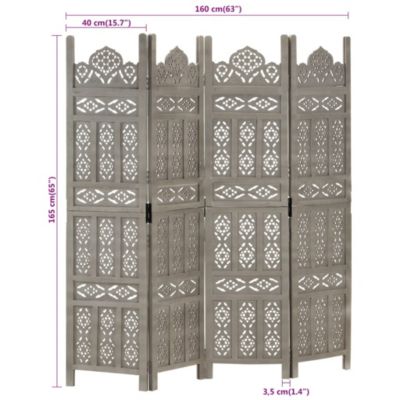 Hand carved 4-Panel Room Divider Gray 63"x65" Solid Mango Wood